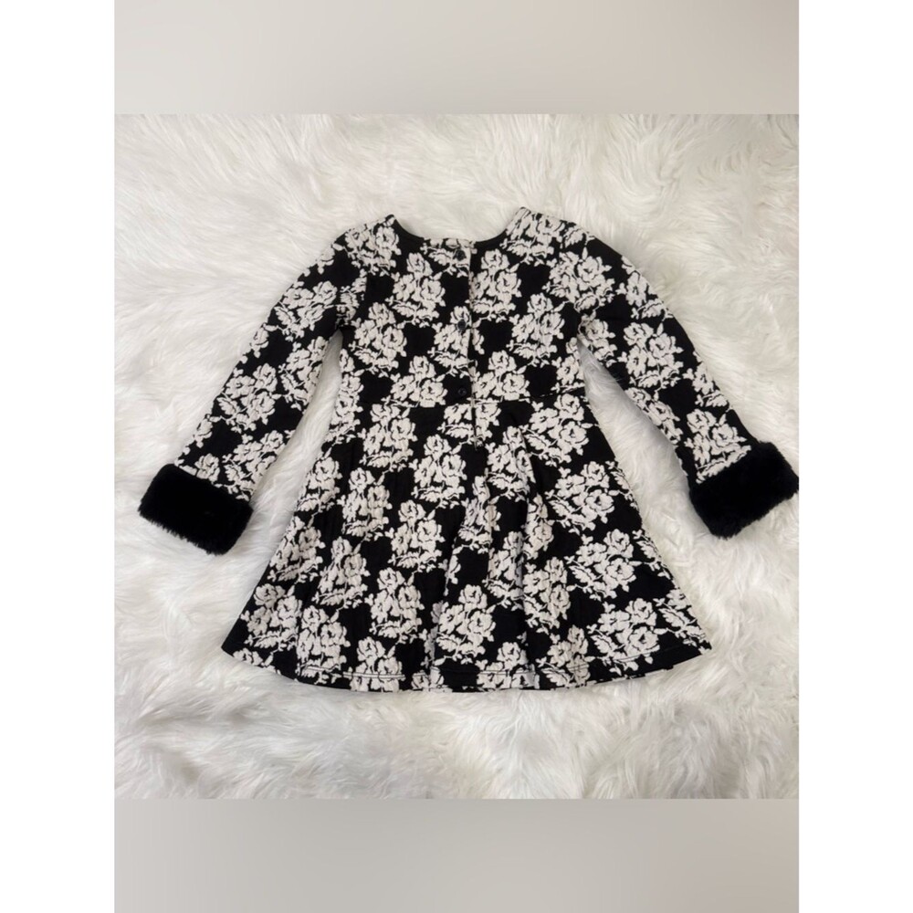 Janie and Jack Black Floral Dress Size 3 | Faux Fur Cuff Holiday Dress EUC - Picture 7 of 10